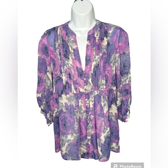 Joie purple floral 100% silk 3/4 sleeve button front top blouse size XS - Picture 4 of 13